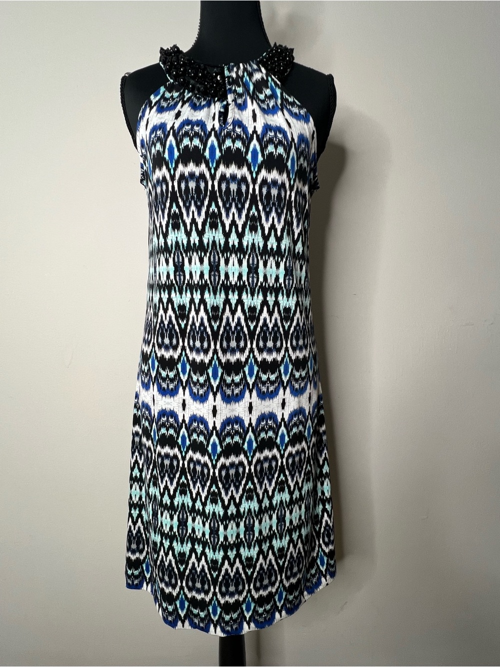 New Directions Ikat Belk Blue Green Ikat Halter Dress Beaded Collar Small Belk